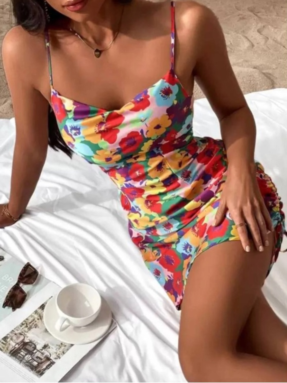 FLORAL SATIN RUCHED MINI DRESS